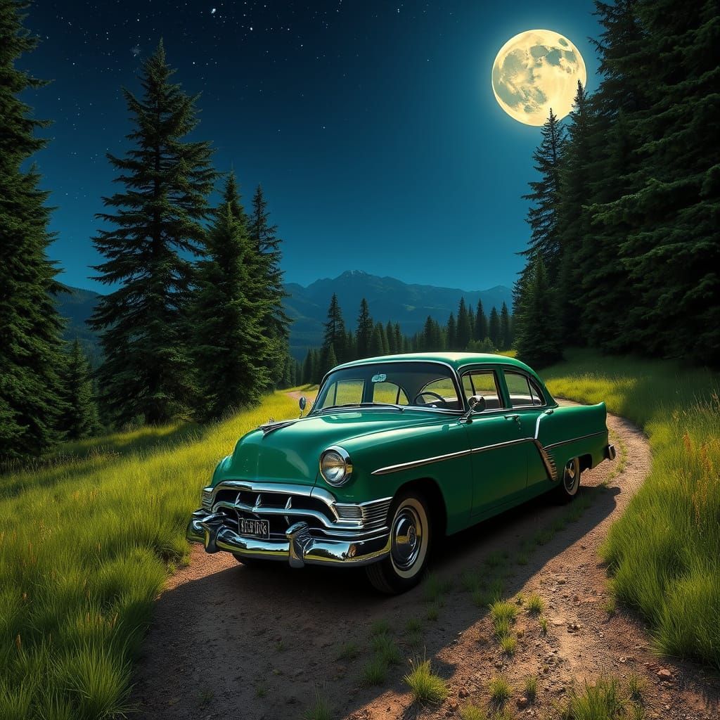 Vintage Green Sedan Under a Glowing Full Moon