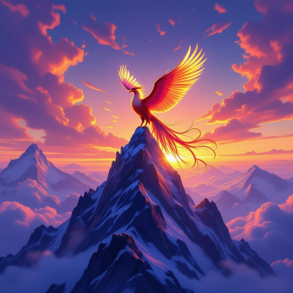 Phoenix on Crystal Peak at Dawn in Painterly Style