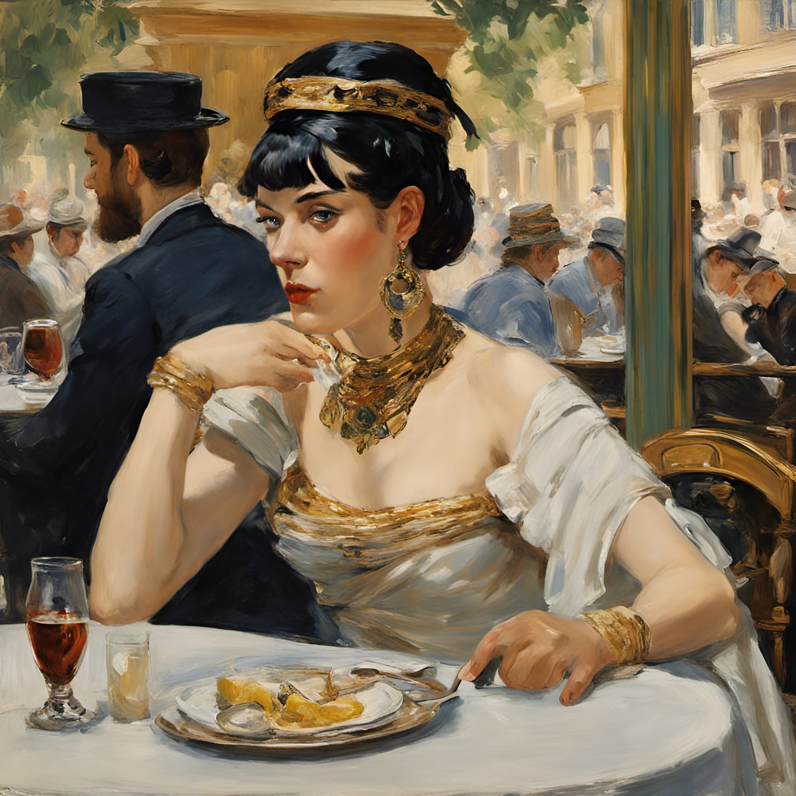 Cleopatra in Parisian Cafe, Oil Painting Style