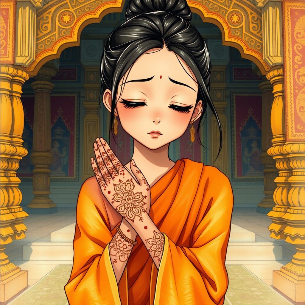 A beautiful young Hindu woman with henna tattoos on her hand...