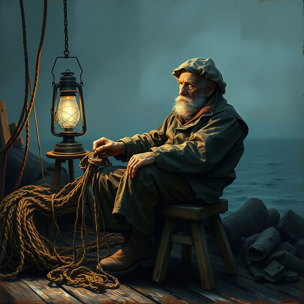 Weathered Sailor Mends Nets by Flickering Oil Lamp in a Nost...