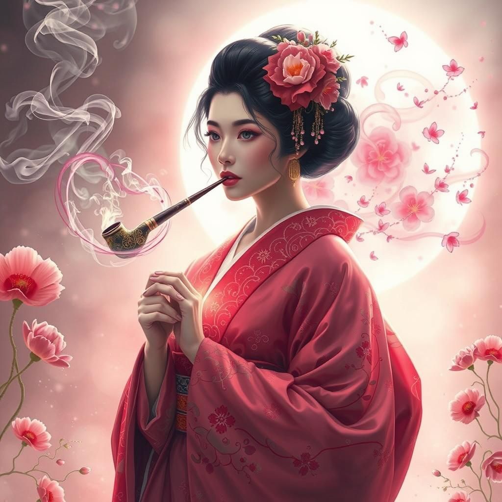 Ethereal Geisha in Moonlit Garden with Cherry Blossoms