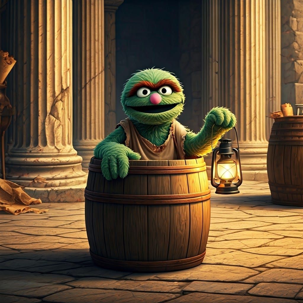 The Muppets, Ancient Greece, Oscar the Grouch dressed as Diogenes the Cynic dressed in a barrel