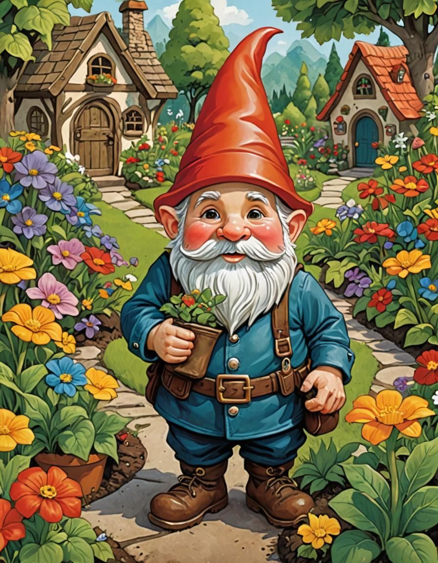 Gnome Garden Magazine Cover in Cartoon Style