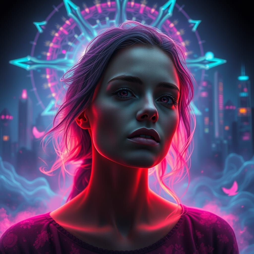 Surrealistic Woman in Fractal Cityscape with Neon Lights