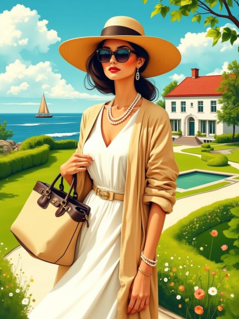 Elegant Woman in Sunhat and Summer Dress, Vintage Poster Sty...