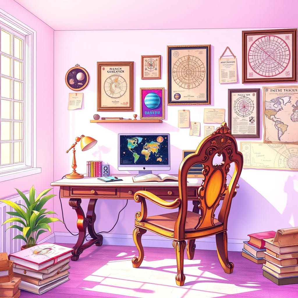 Pastel Anime Study Desk in Astronomy-Themed Room
