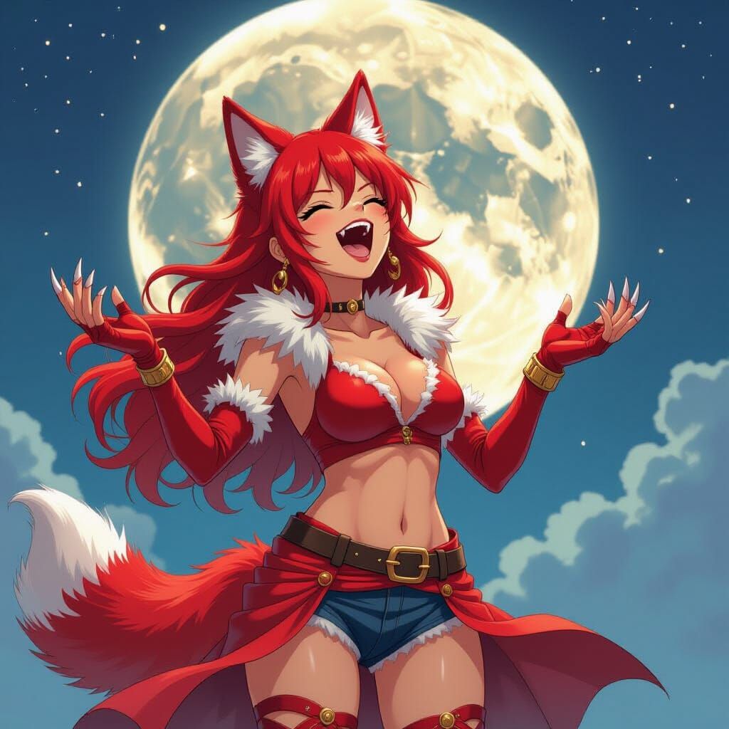 Werewolf Nami Howling at Moon in Miyazaki Style