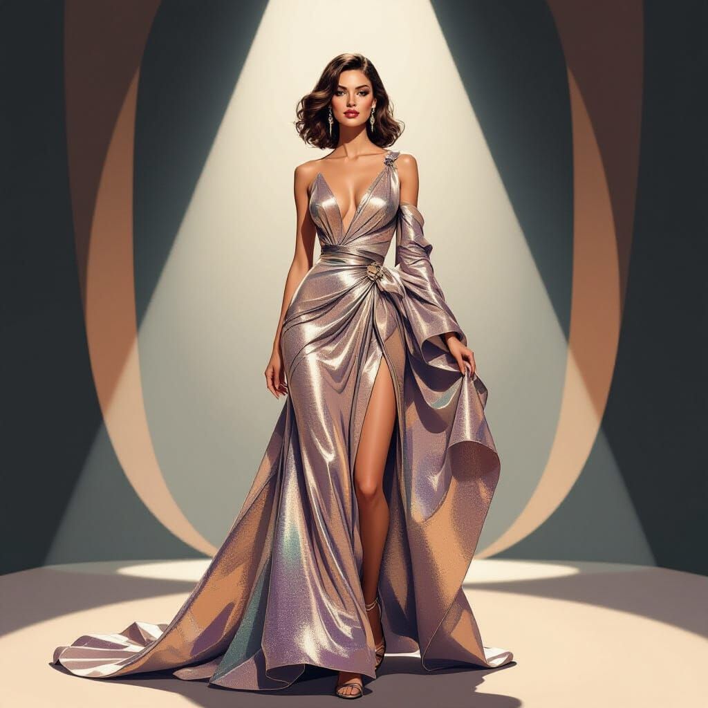 1970s Fashion Illustration: Avant-Garde Gown on Stage