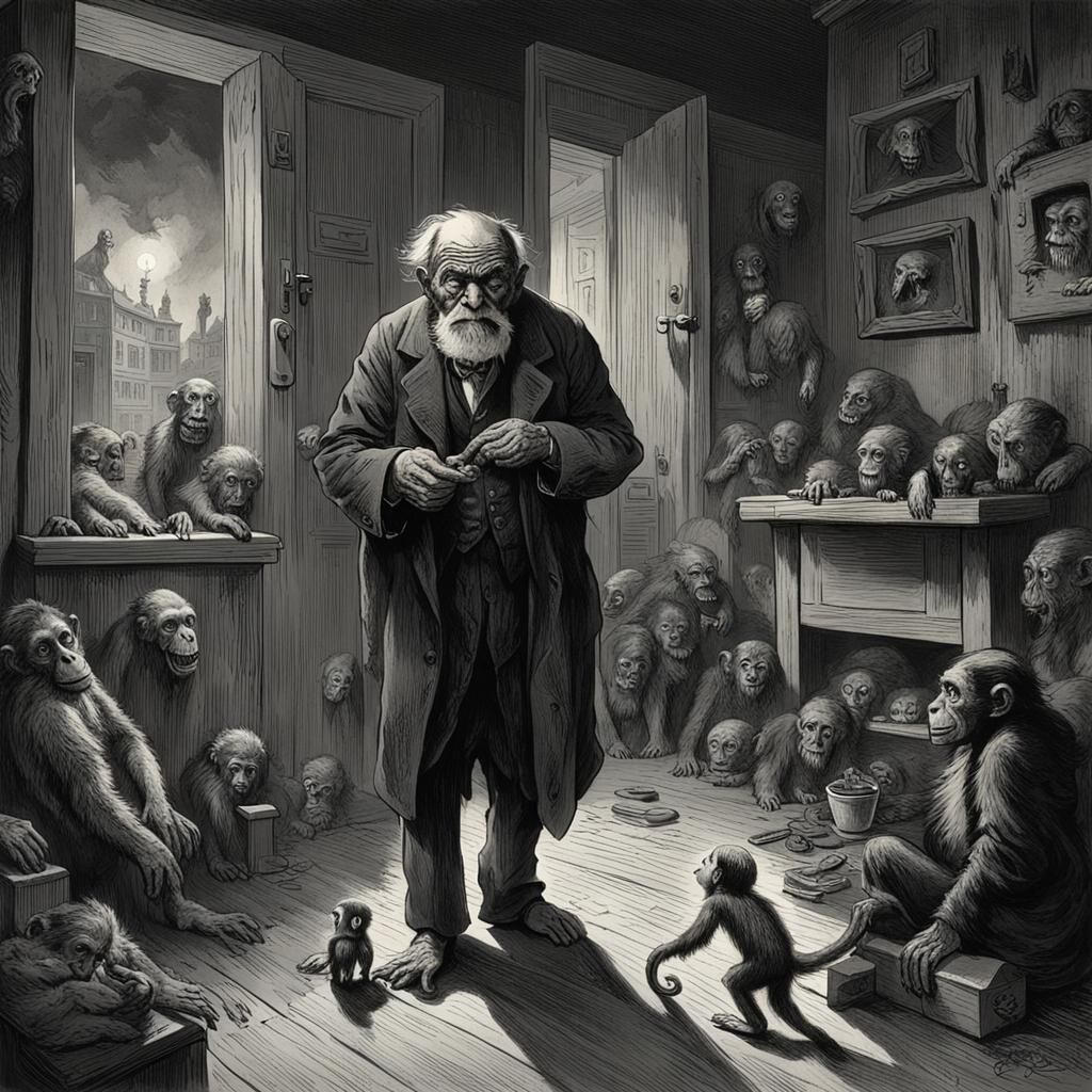 Horror creepy old man with a monkey in his hand in a dirty apartment