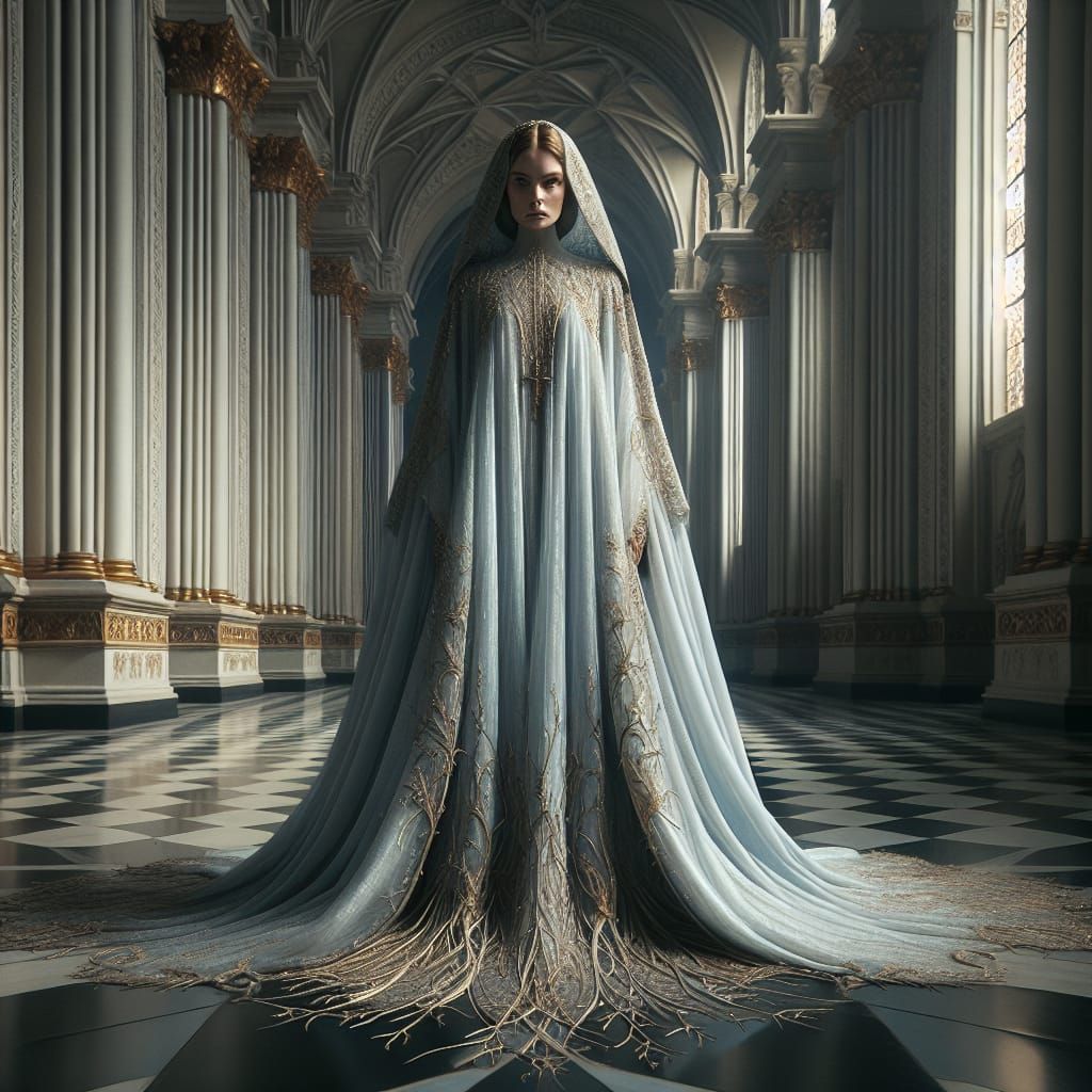Priestess in Cathedral with Shimmering Blue Dress