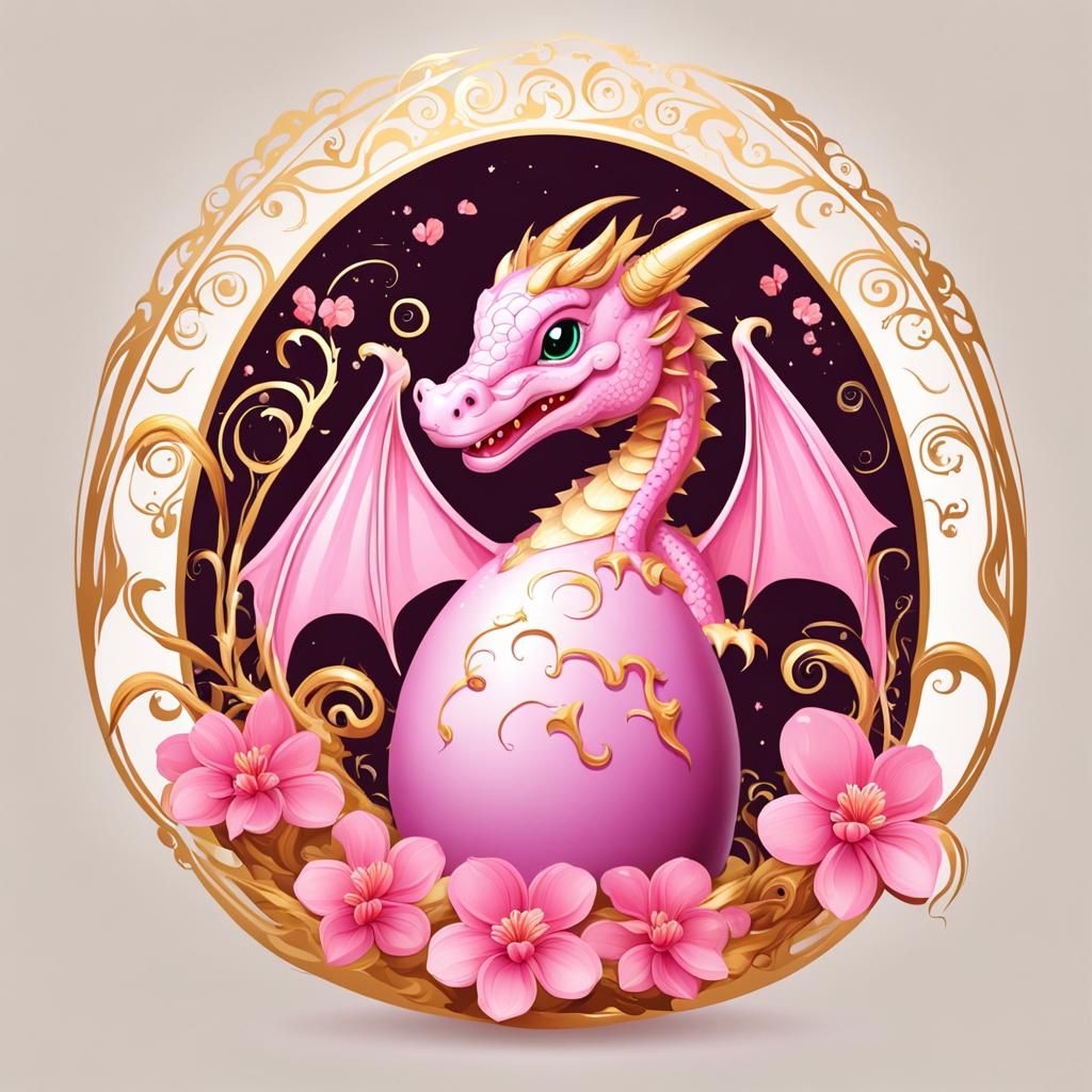 Pink Dragon Hatching in Floral Frame