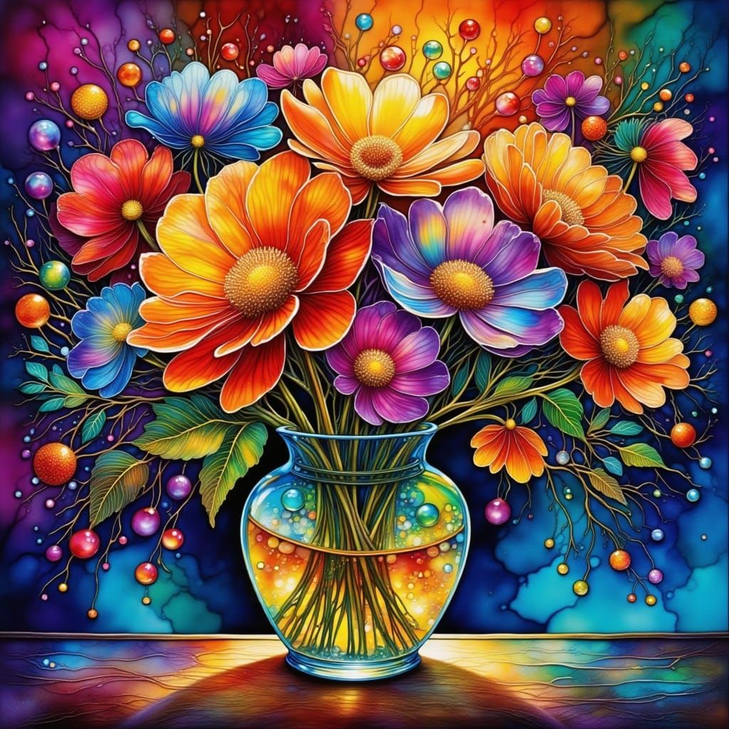 Vibrant Flowers in Radiant Glass, Street Art-Inspired Style