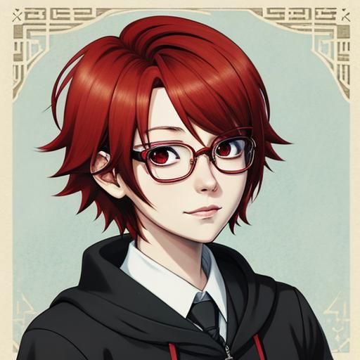 Red-Haired Anime Girl with Glasses in Manga Style