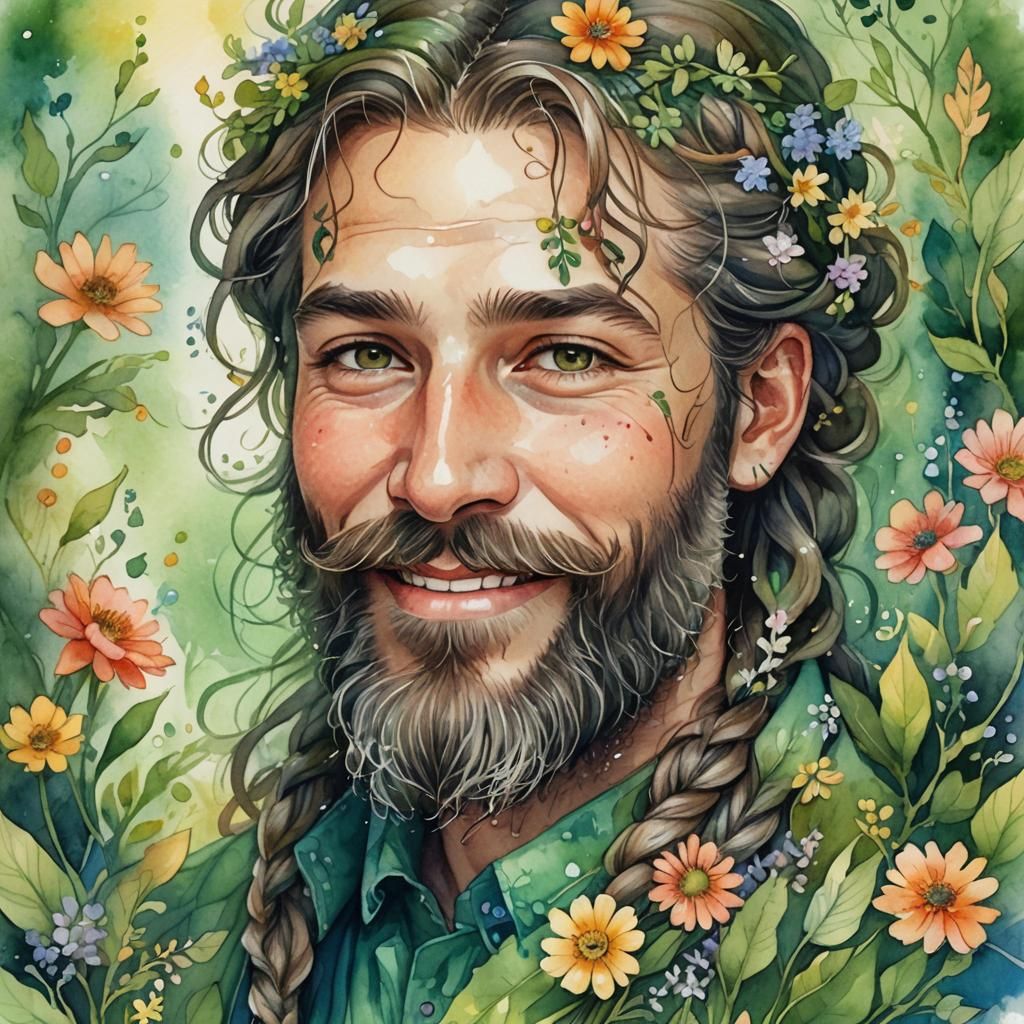 Smiling Bearded Man with Flowers, Watercolor Illustration