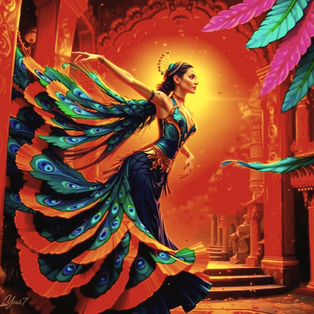 Vibrant Peacock Dances at Rainbow's Edge in Digital Painting