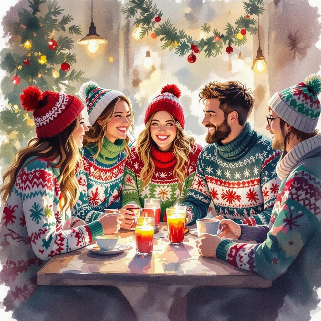 Cozy Christmas Scene with Festive Jumpers in Watercolor