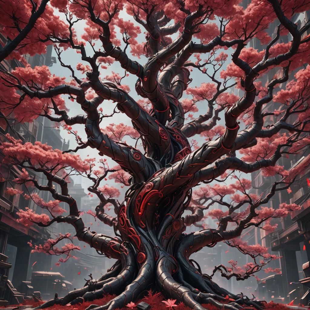 Cyberpunk Damascus Steel Sakura Tree Art