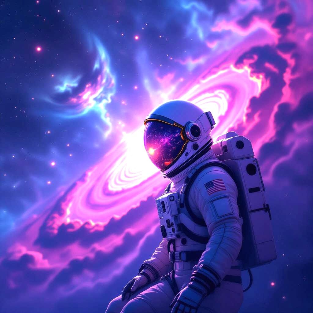 Astronaut Drifting in Nebula, Sci-Fi Film Still Style