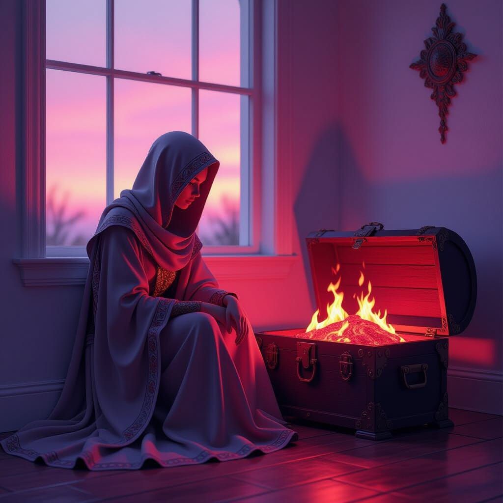 Pink Dawn Figure Beside Ruby Chest in Matte Painting Style