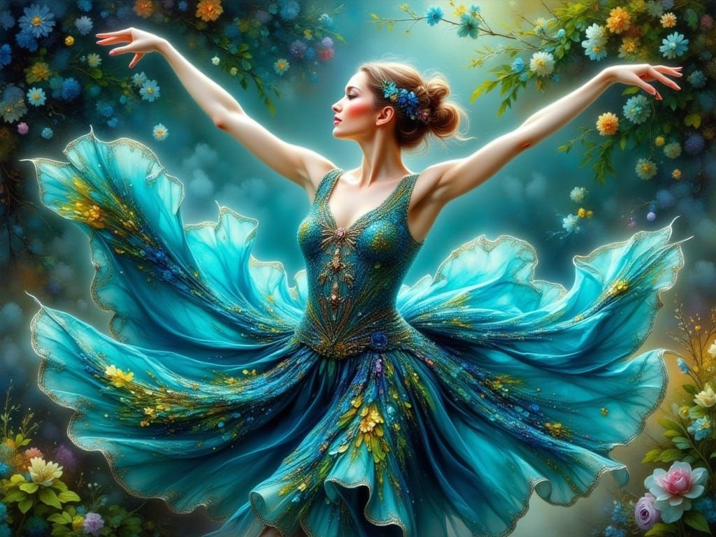 Ballet Dancer in Turquoise Gown Amidst Enchanted Garden