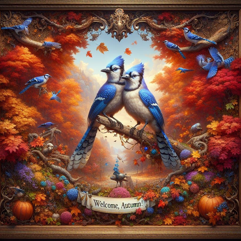 Autumn Blue Jays Welcome the Season in Matte Painting
