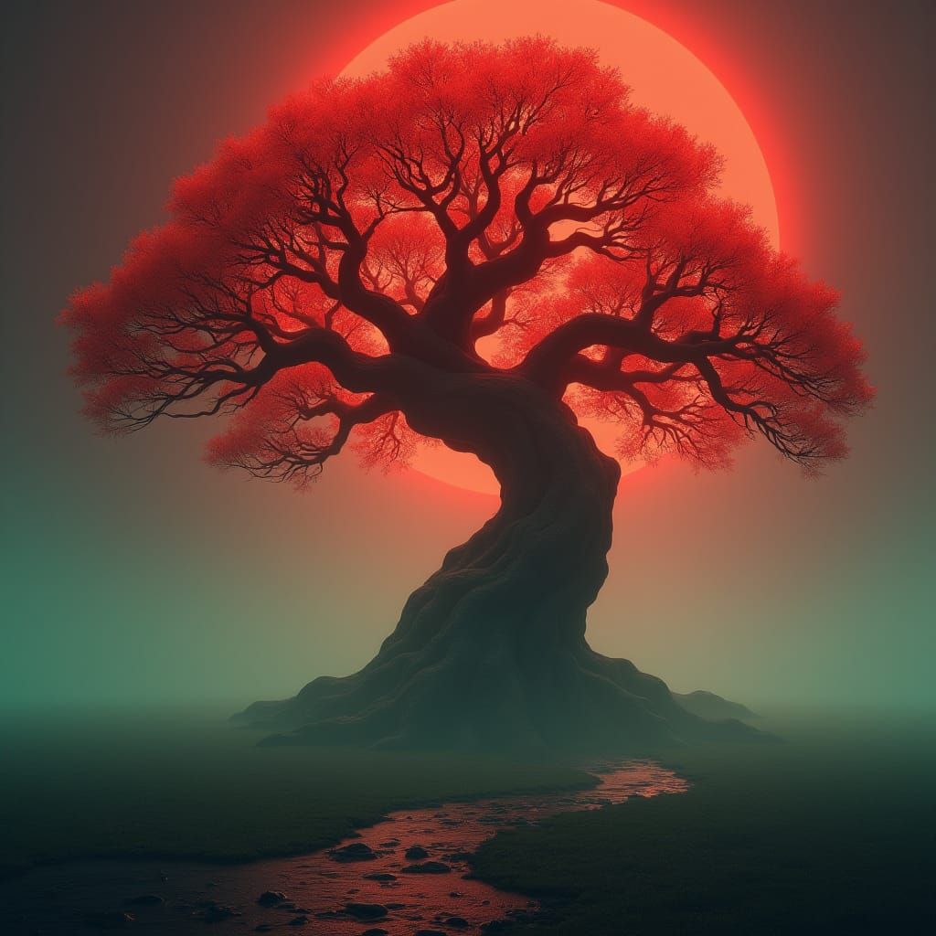 Mystical Red Tree in Dreamlike Landscape