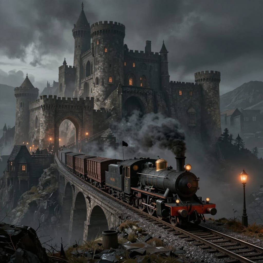 Medieval City Steam Train Ascends Mountain Plateau