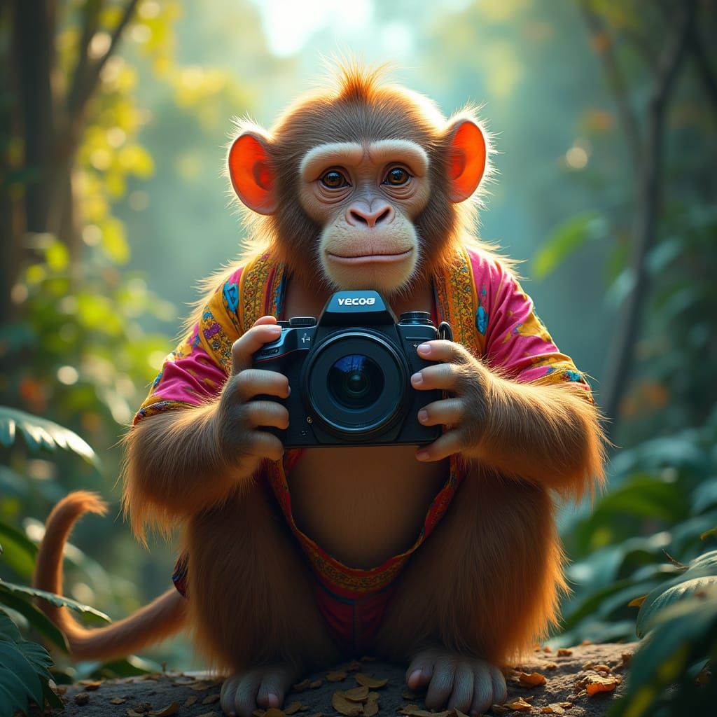 Monkey Vlogger in Vibrant Jungle Setting