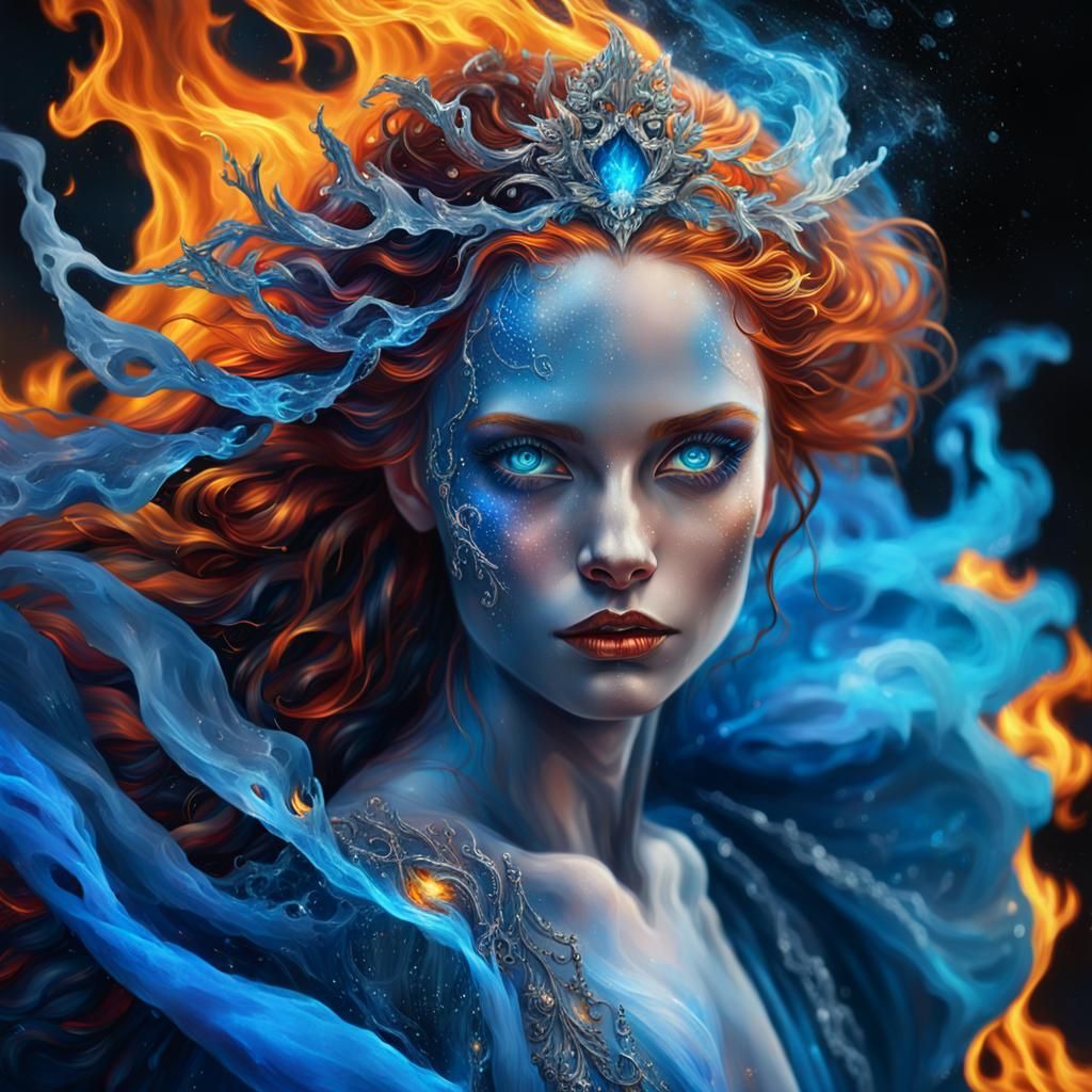 Fiery Ice Queen Portrait in Oil Painting Style
