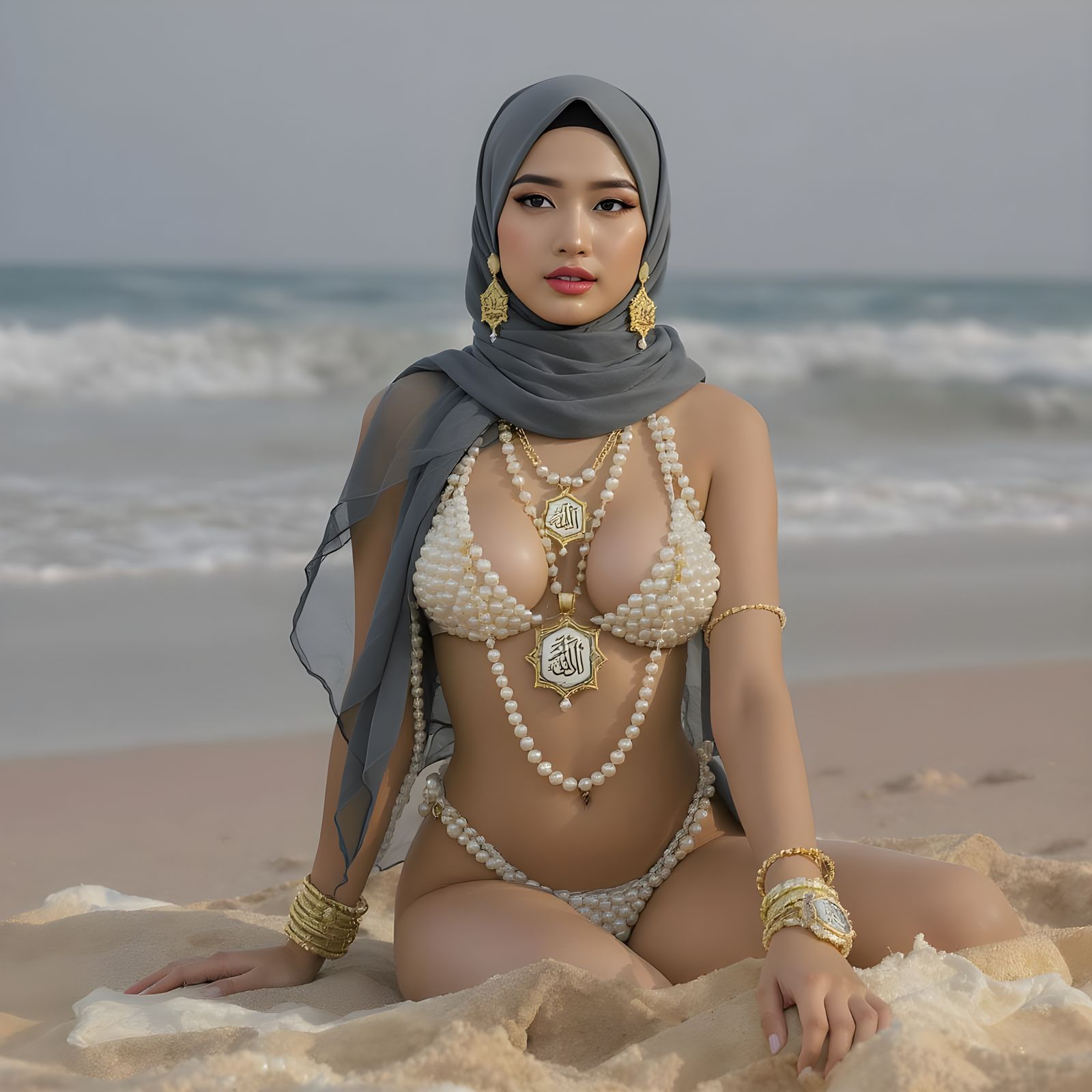 Elegant Asian Woman in Hijab with Pearl Jewelry