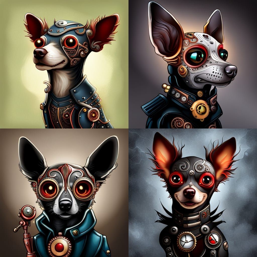 Hyperdetailed Intricate elaborate Steampunk Chihuahua dog.
Robotic steampunk dog with glowing red eyes
Steampunk dog wit...