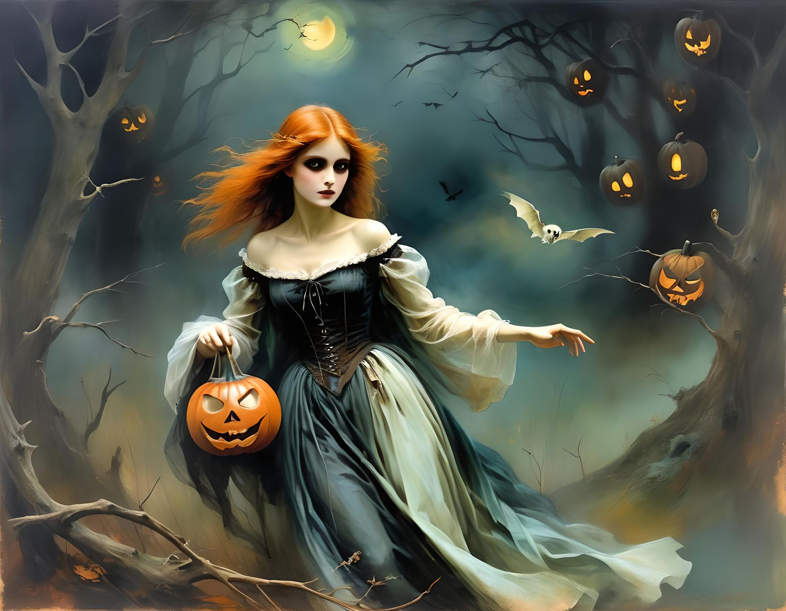 Spooky Halloween Painting in Vivid Mixed Media Style