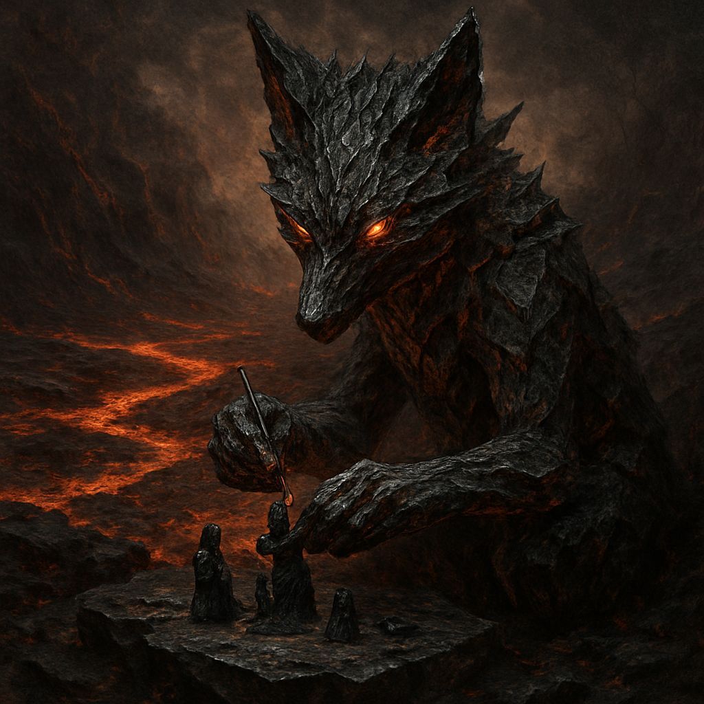 Lava Fox Sculpting Obsidian Figures in Dark Fantasy Style