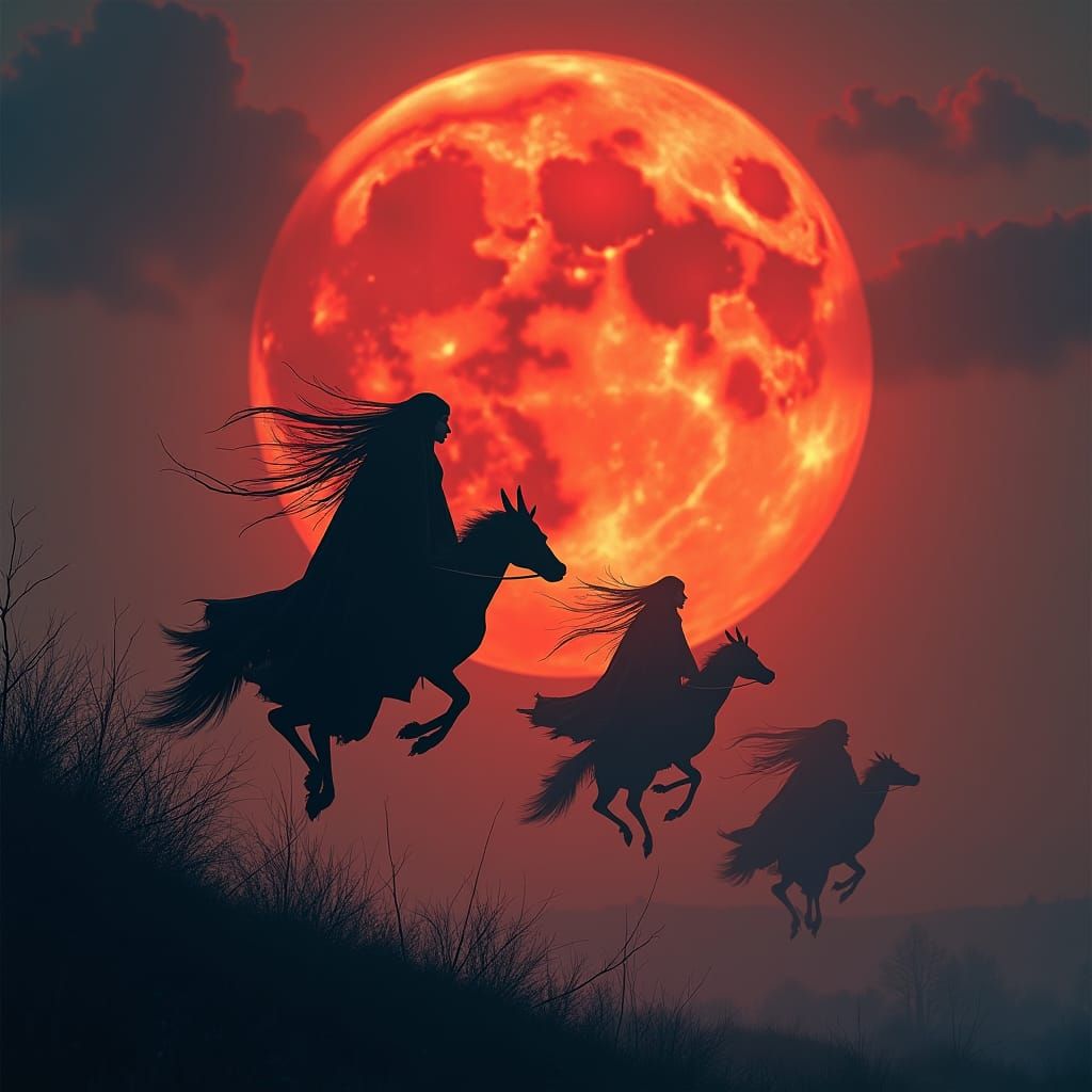 Colossal Red Moon and Witches Soaring in Alien Invasion