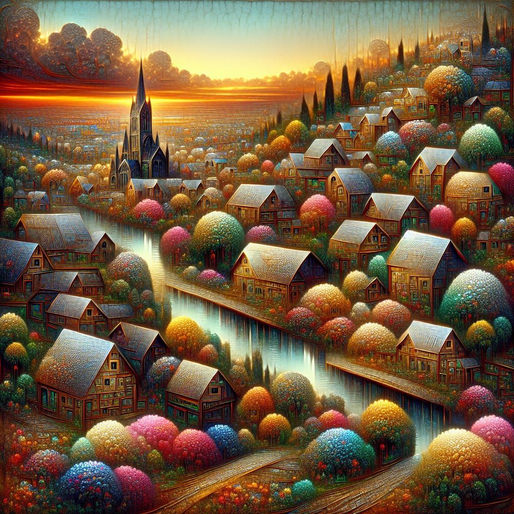 Quaint Village Hologram with Sunset and Mercury Glass