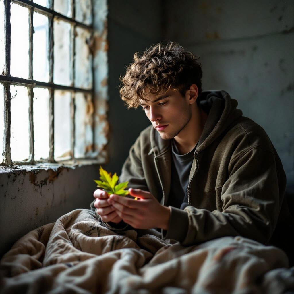 Man in Prison Holds Ash Leaf by Window