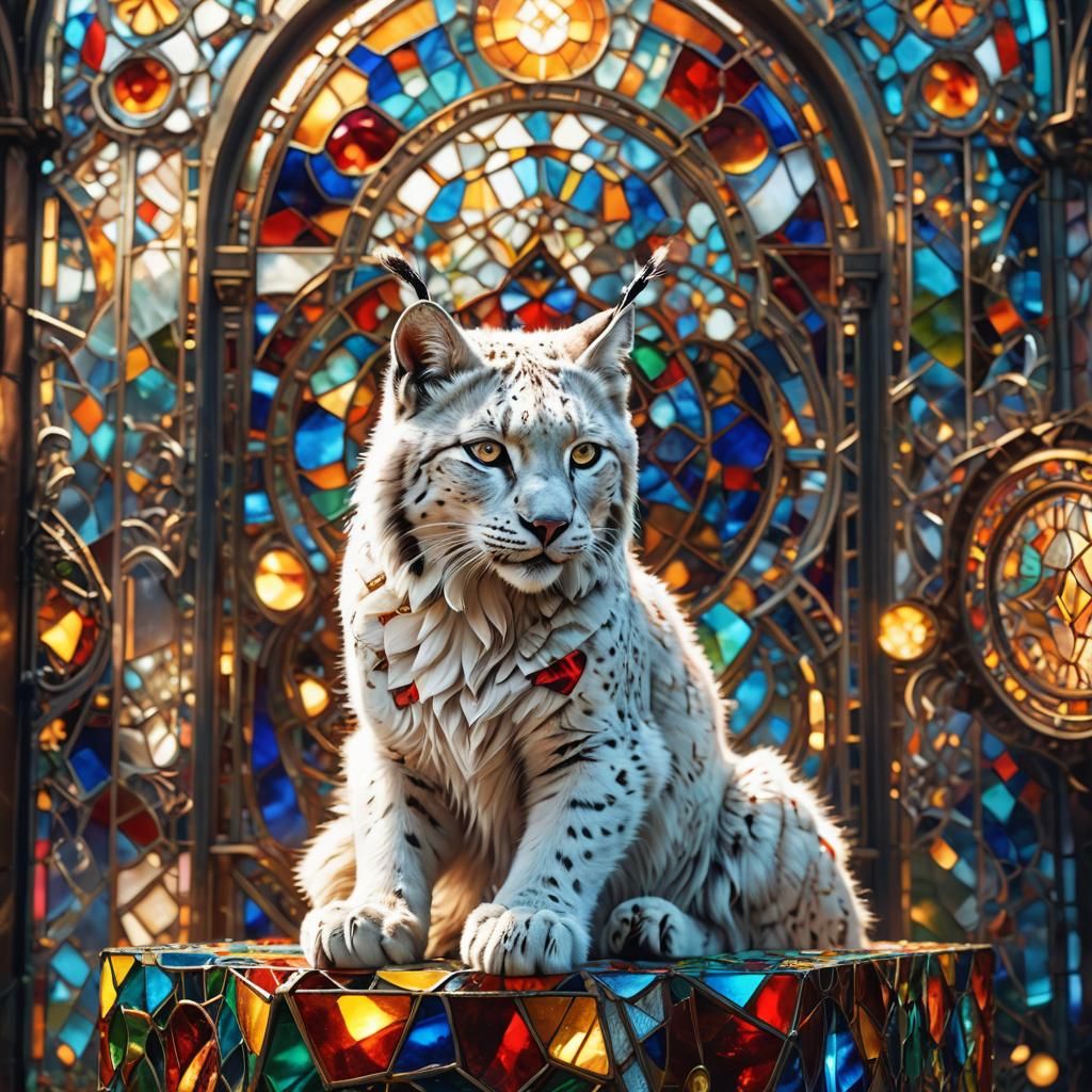 Kaleidoscopic Lynx on Stained Glass Cube