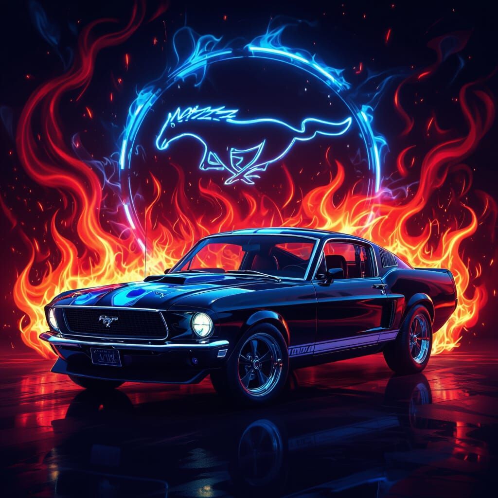 Black Mustang with Blue Flames in Futuristic Neon Style