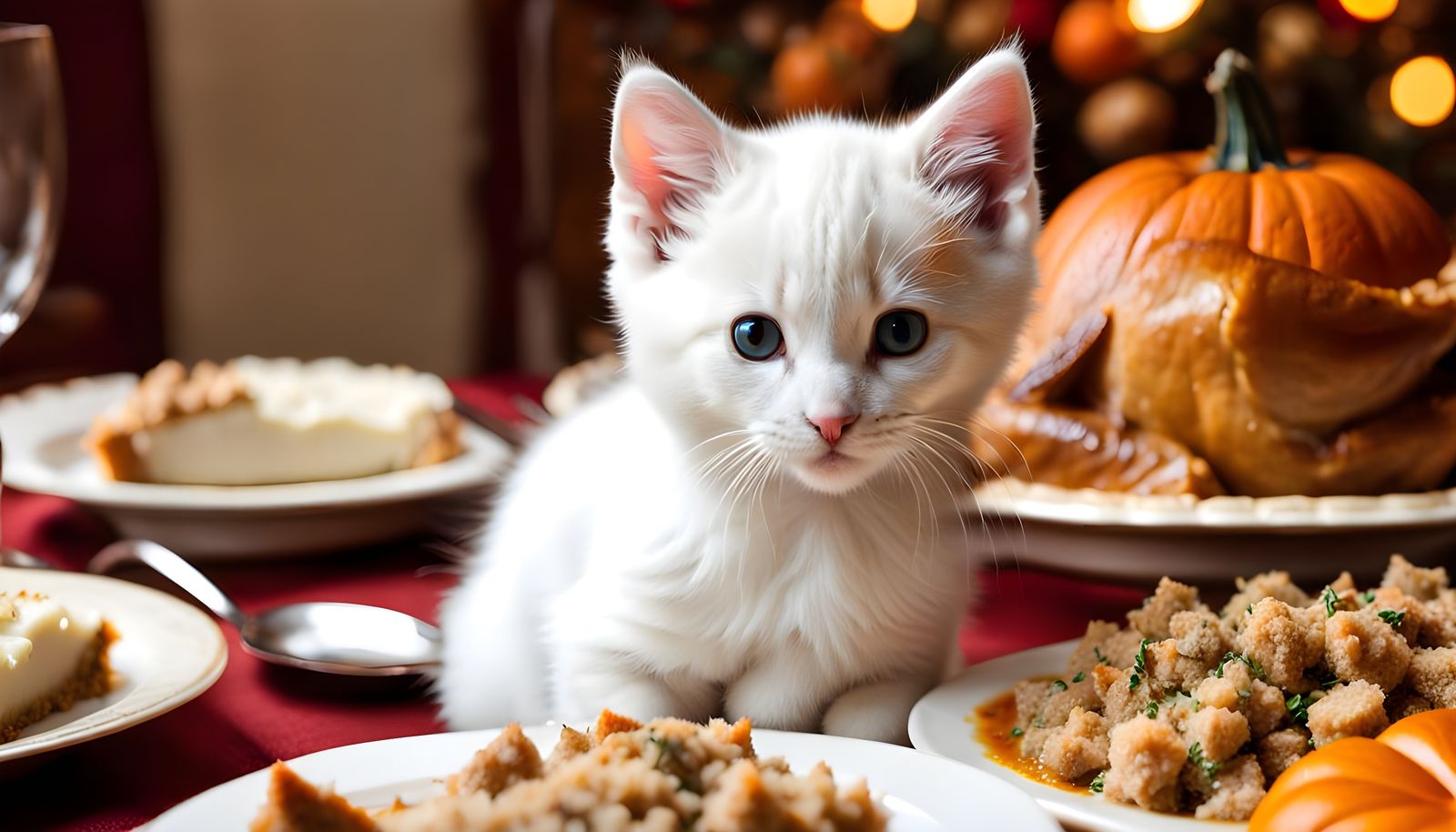 White Kitten's Thanksgiving Feast: Hyperrealistic DSLR Photo