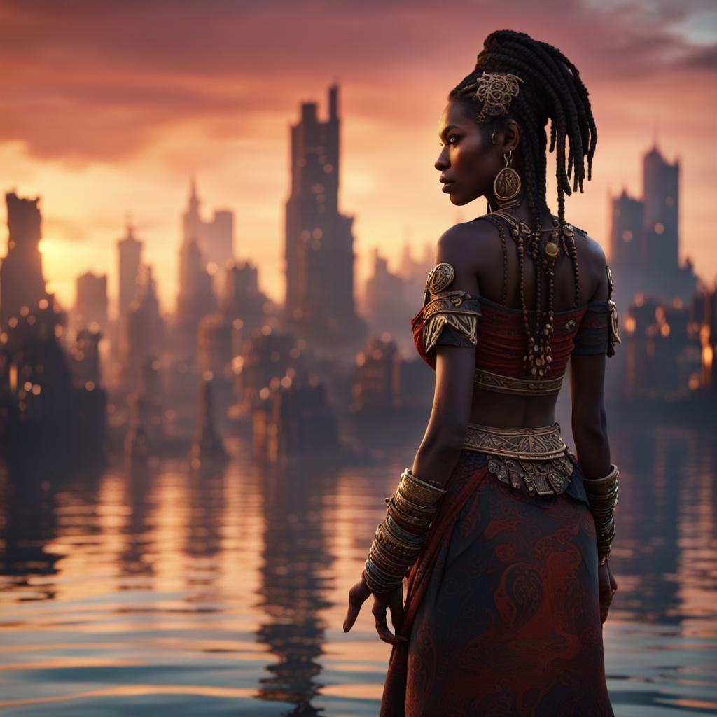 Tribal Woman at Sunset: Detailed Matte Painting