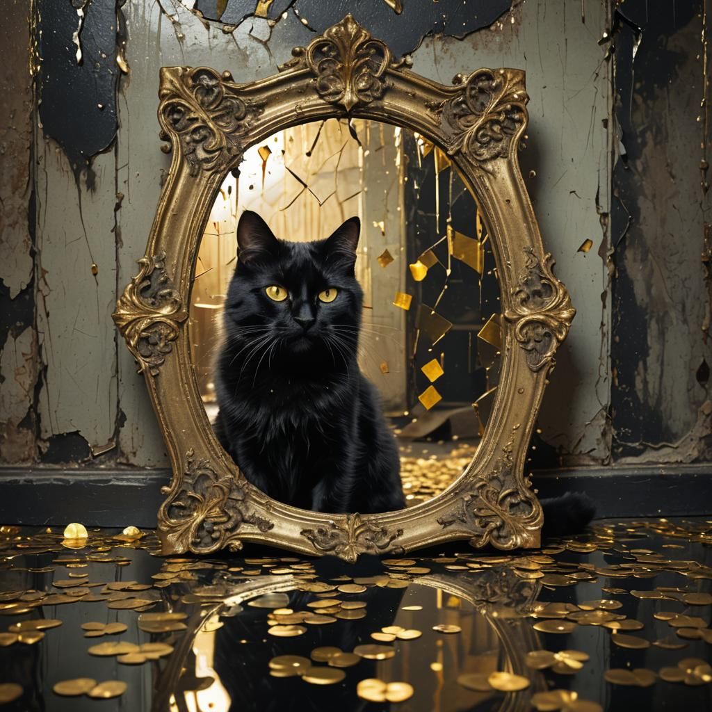 Black Cat Reflection in Dystopian Mirror