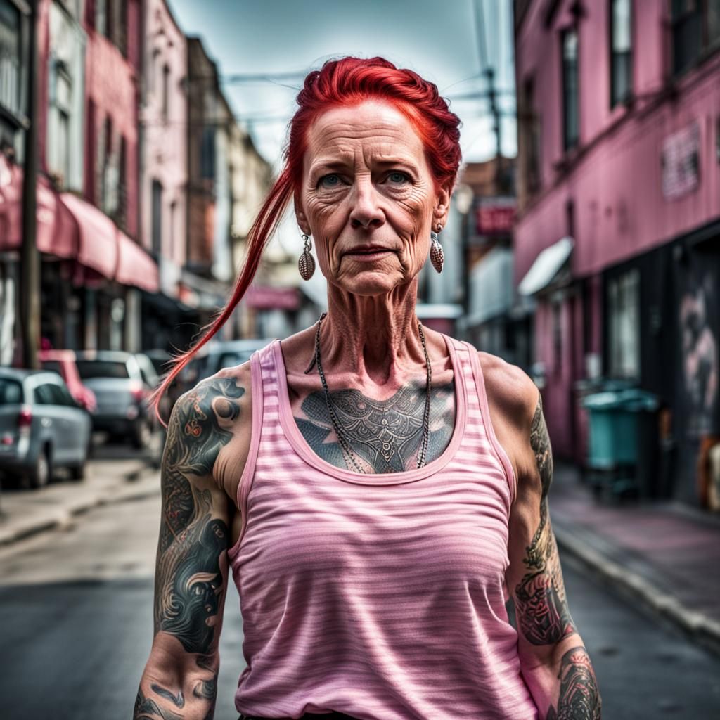 Redhead Woman with Tattoos in Hyperrealistic Style