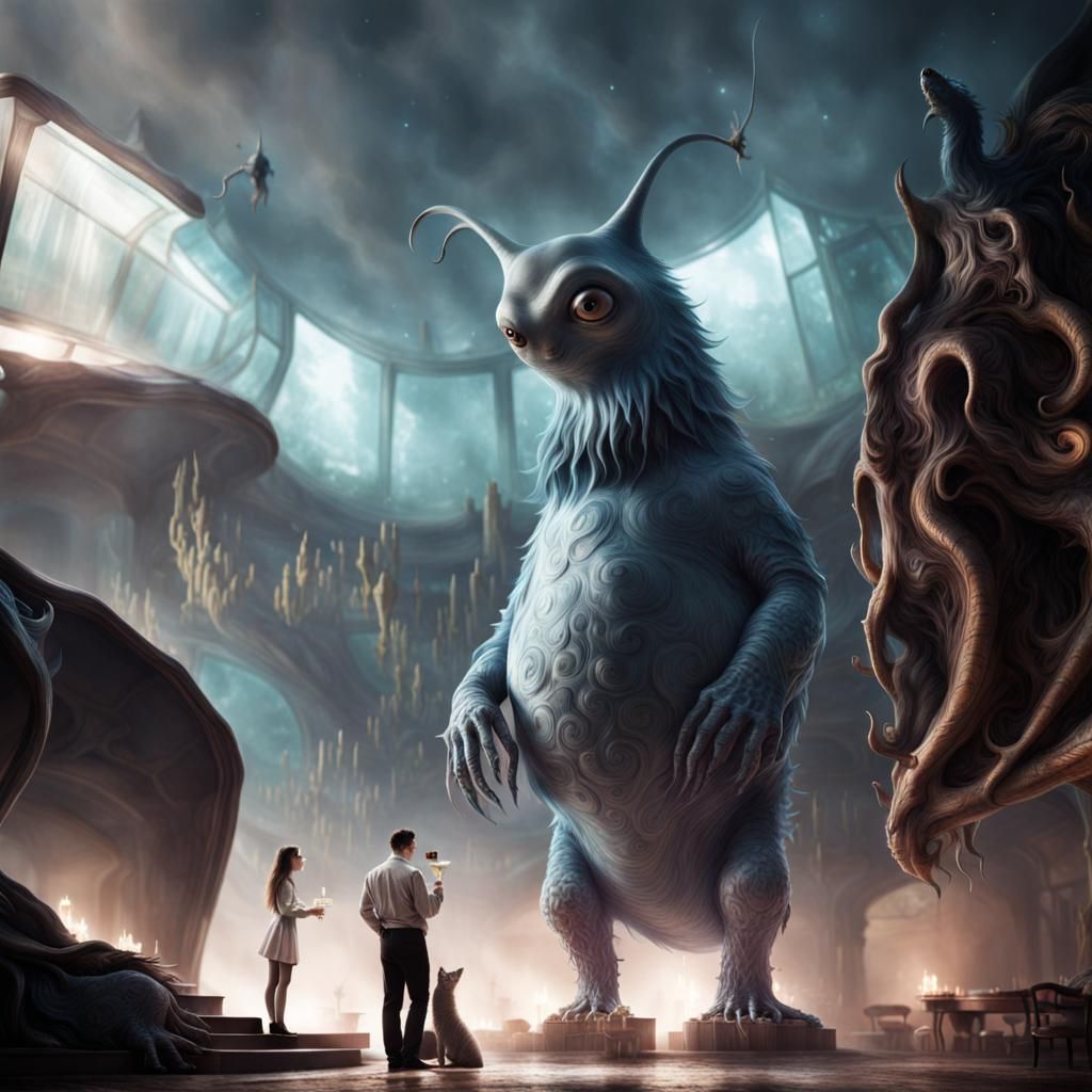 Surreal Restaurant Scene with Exotic Aliens