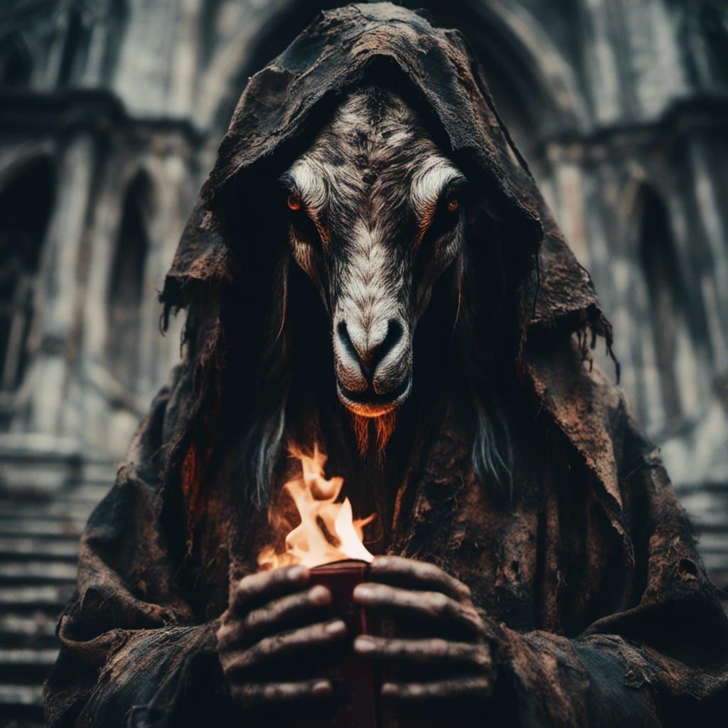 Demonic Goat Priest Portrait in Burning Church