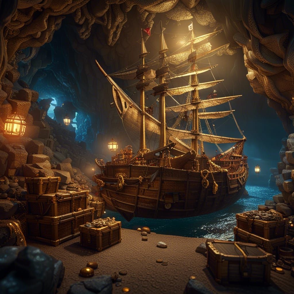 Pirate Hideout with Gold Treasure and Ship