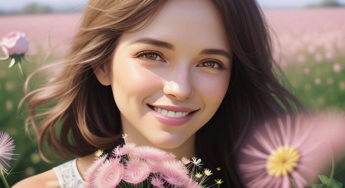 Gentle Smile in a Field of Pink Roses
