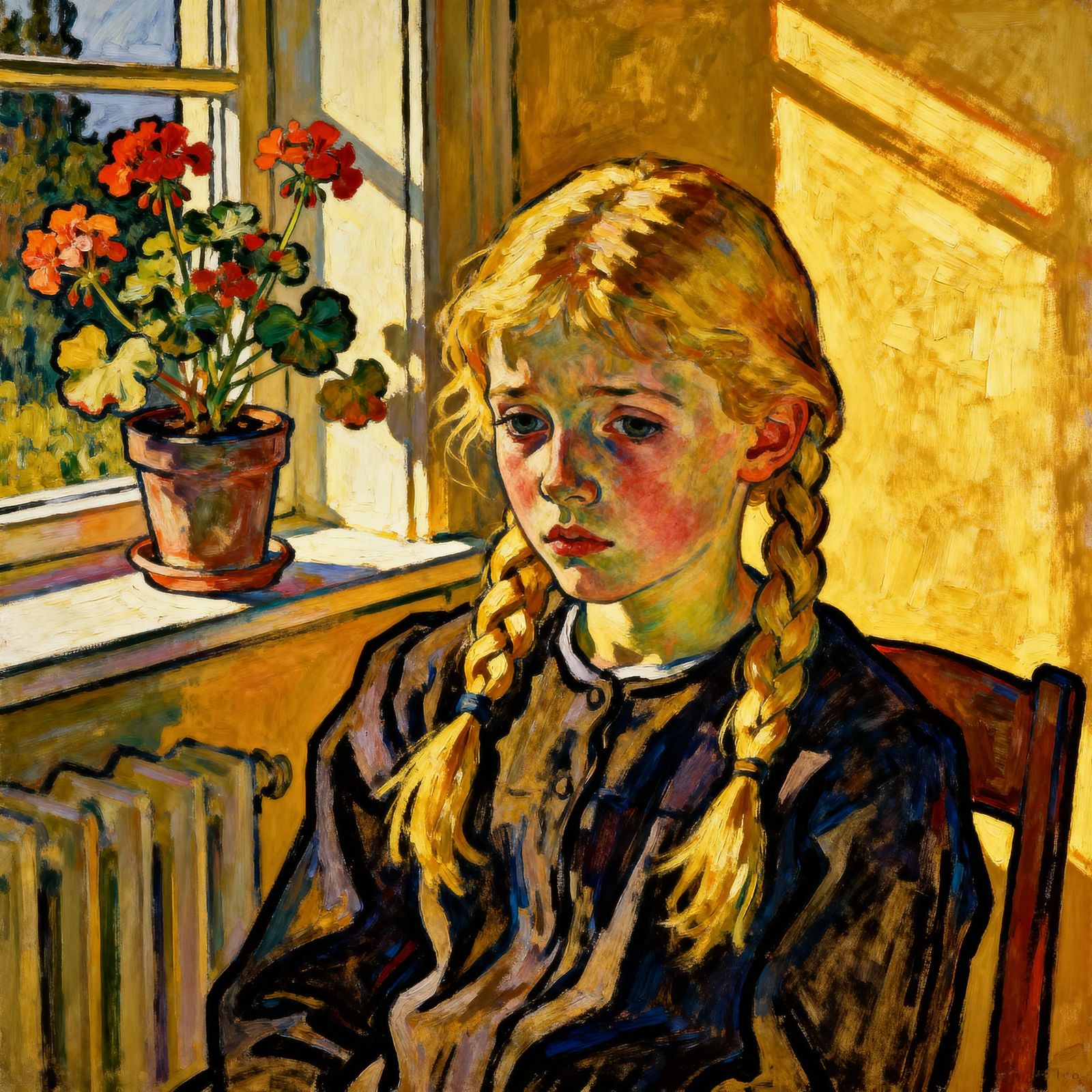 Girl in Sunlit Room with Geraniums, Egon Schiele Style