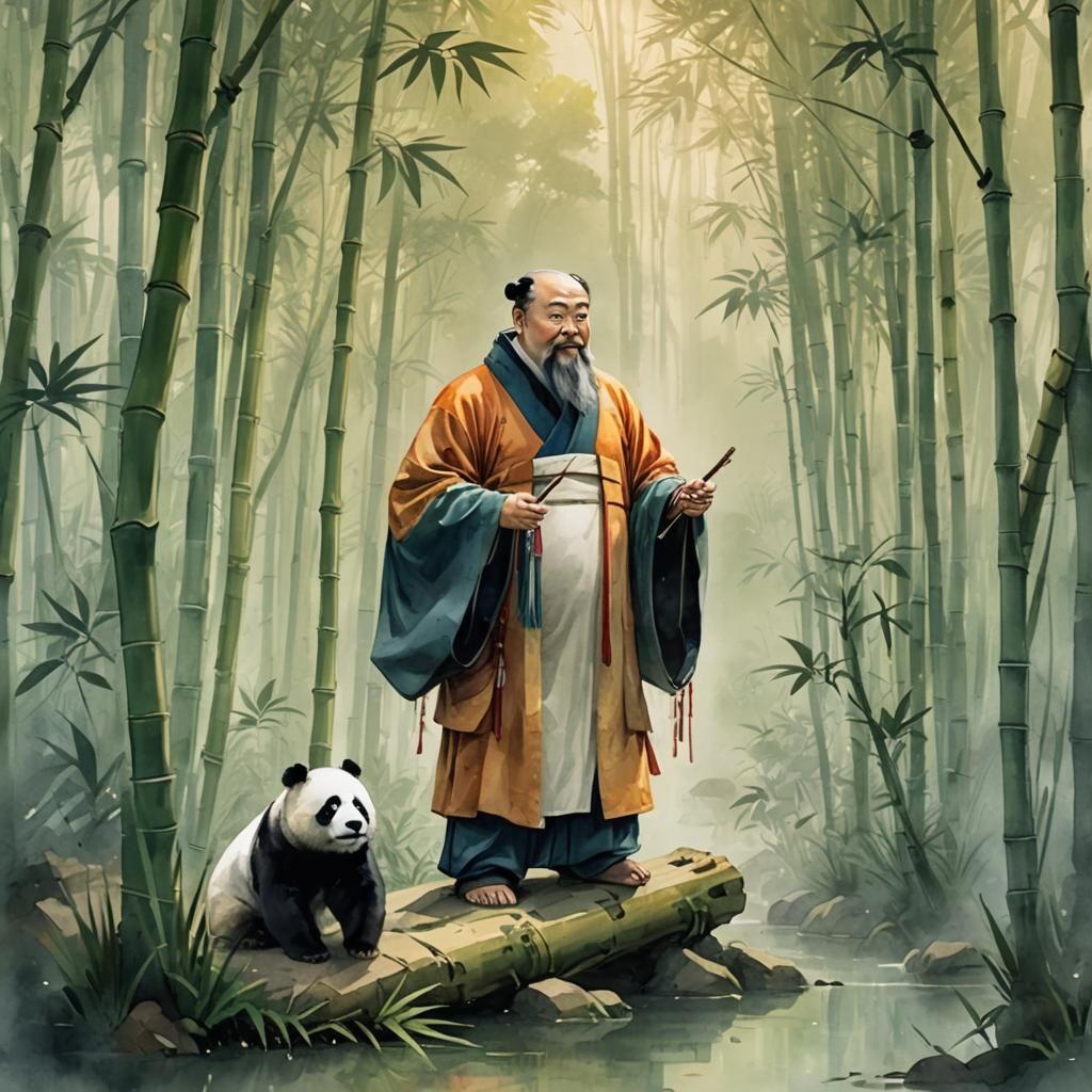 Confucius Teaches Panda in Serene Bamboo Forest