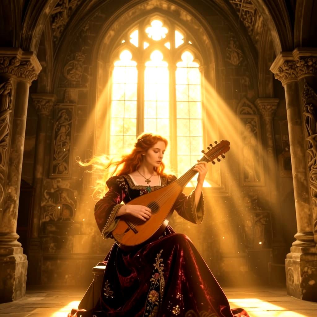 Medieval Lute Player in Sunlit Crypt